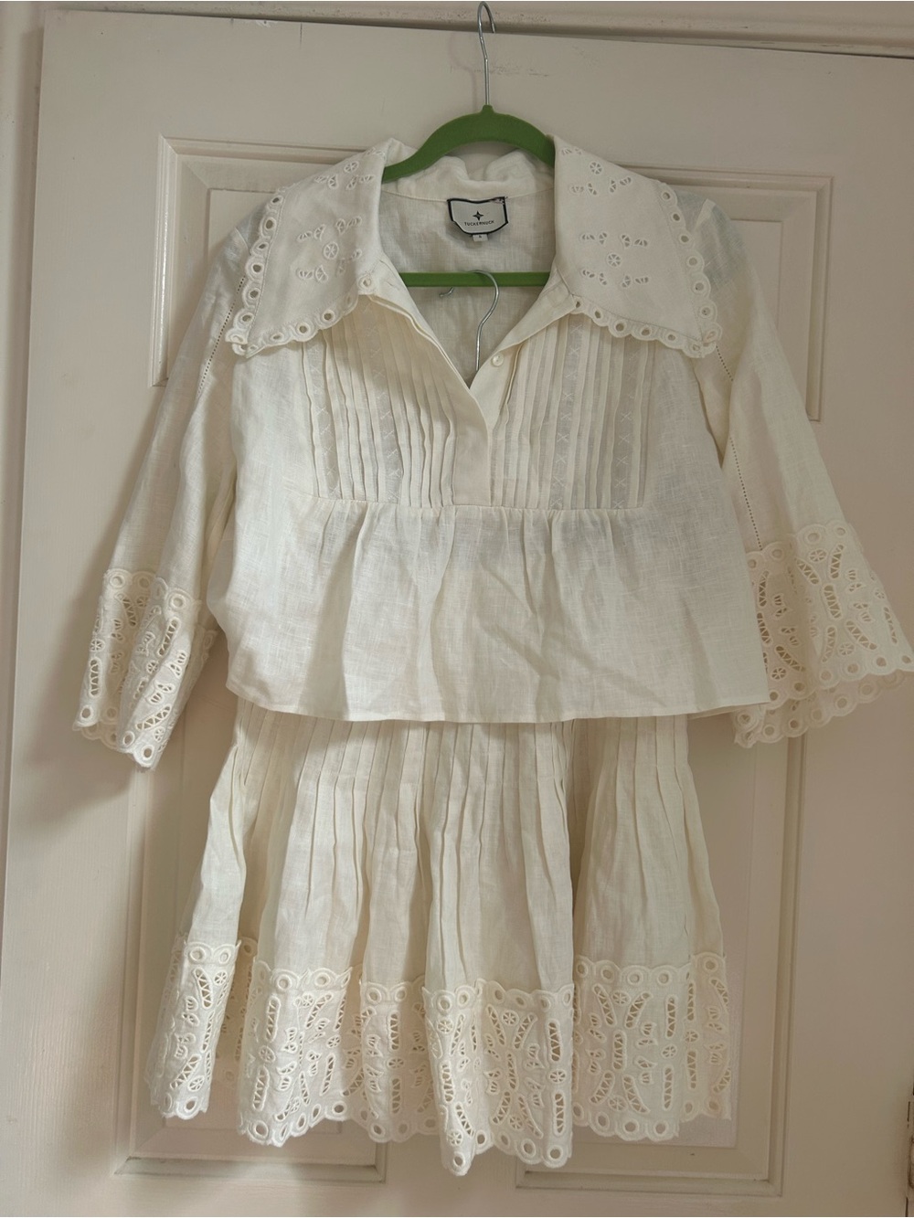 Tuckernuck White 3/4 Sleeve Crop Blouse with eyelet collar & Skirt Set Linen S
